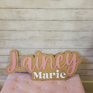 Custom Large Wooden Nursery Name Sign Lainey Marie in Pink and White 30"×12"